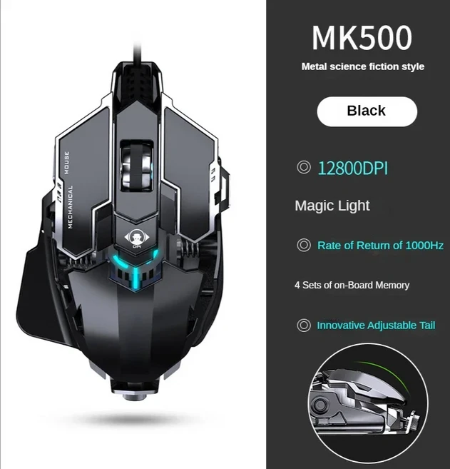 MK500 기계식 유선 게이밍 마우스 9키 매크로 프로그래밍 12800DPI RGB 백라이트 게이밍 e스포츠 마우스 노, 02 MK500-12800DPI A
