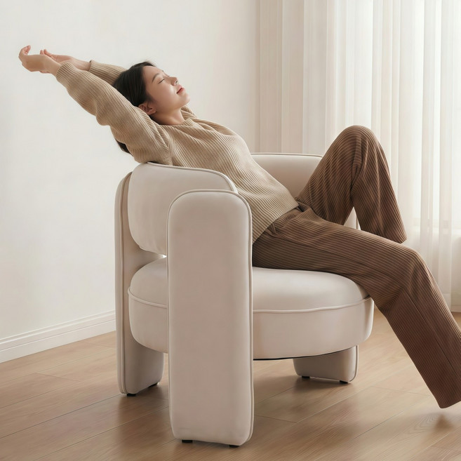 다야레인 모던 1인용쇼파 푹신한 벨벳 라운지 오픈 등받이 수유의자 배럴 원목 프레임, 베이지