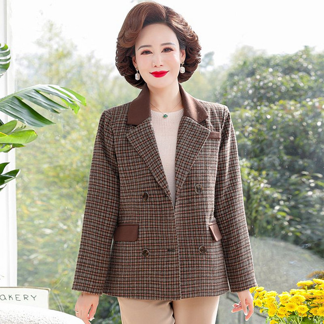 중년 여성 자켓 봄가을 엄마 패션 슬림핏 정장 재킷 상의 캐주얼 기질 체크 코트 YHY