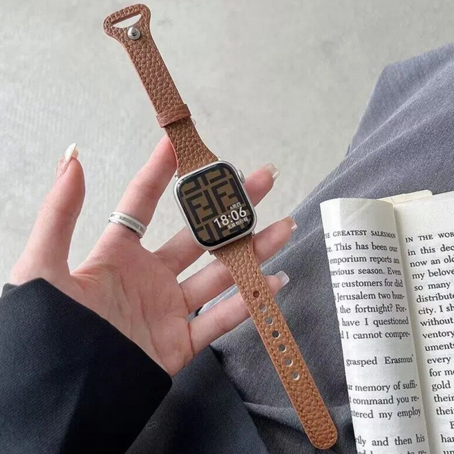 BuGeum 애플워치 스트랩 가죽 호환 슬림 밴드 11 10 9 8 7 6 5 4 SE3 SE2 Ultra 2/3, 1개, 갈색