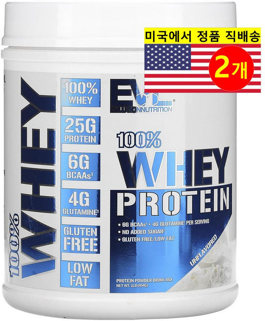 EVLution Nutrition 100% 유청 프로틴 파우더 무맛 Whey Protein, 2개, 454g