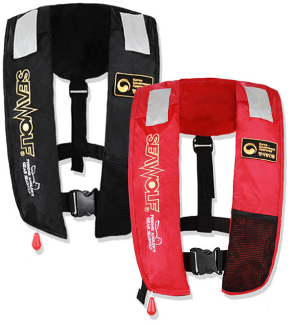 씨울프 SW-7F03 자동팽창식 구명조끼 선상낚시 수분감지식 인플레이터 KOMSA 형식승인제품, 블랙