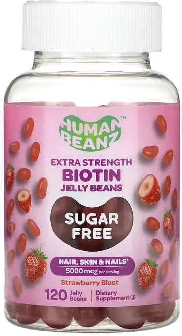 Human Beanz 비오틴 젤리빈 엑스트라 스트렝스 설탕 무함유 스트로베리 블라스트 5000mcg 젤리빈 120개(젤리빈 1개당 2500mcg), HumanBeanz비오틴젤리빈엑스트라스트렝스설탕무함유스 - 쿠팡