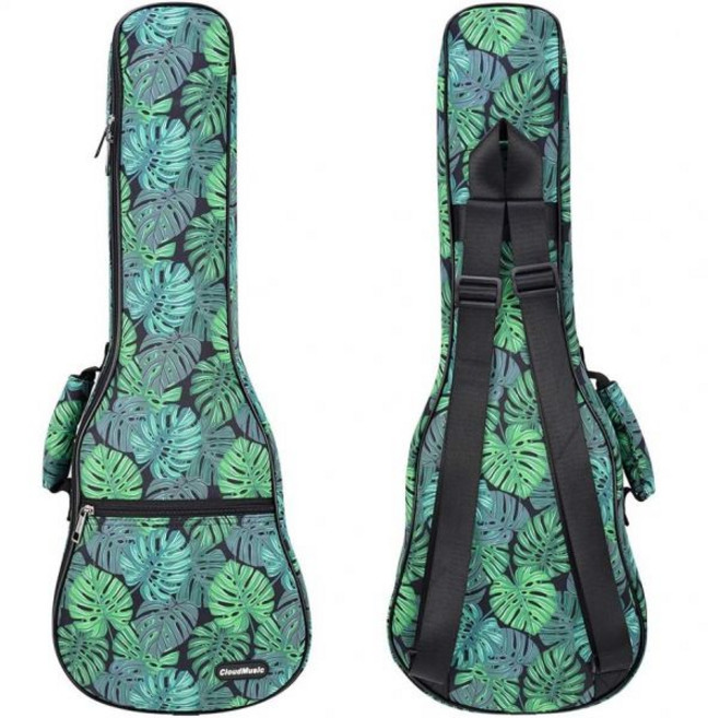 클라우드뮤직 우쿨렐레 케이스 기어백 패딩 백팩 바리톤용 30인치 바리톤 하와이 히비스커스와 야자수 연한 파랑, 초록 몬스테라