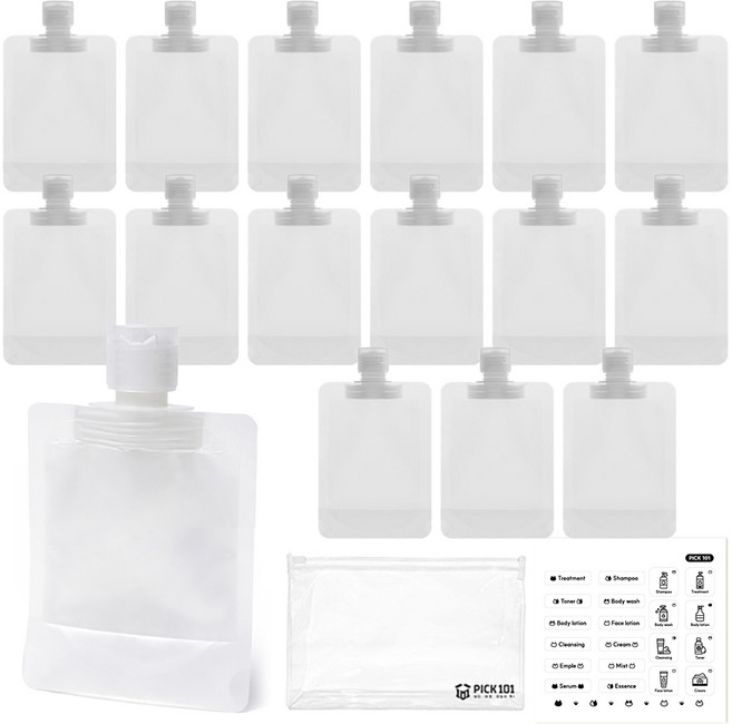 픽101 여행용 소분 파우치 리필팩 소분팩 용기 휴대용 30ml 50ml 100ml, 1세트, 50ml 16개+파우치+라벨스티커