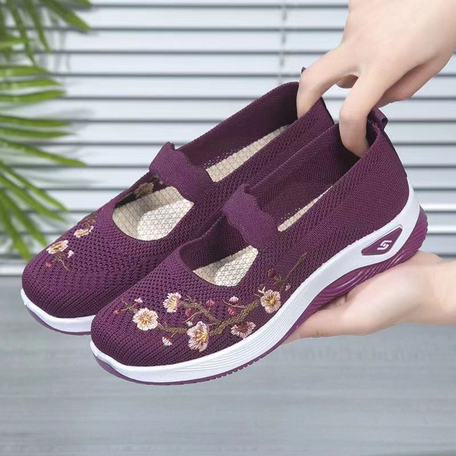 쌍천 봄여름 천 신발 여 통기성 편안한 엄마 신발 자수 쿠셔닝 미끄럼 방지 중장년 신발 W26022223