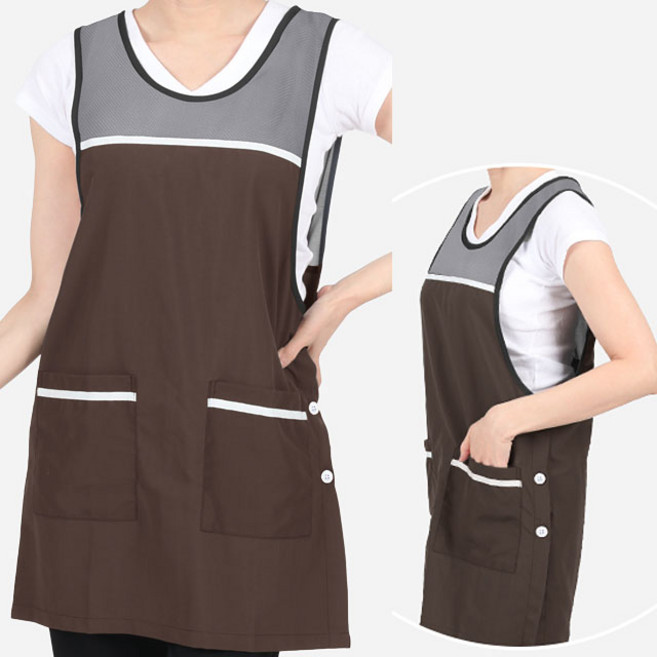[ ULA88 ] 브라운/갈색/여름용/망사/생활방수/경량/얇은/폴리/라운드/가정용/요양보호사/요양원/원피스/양면앞치마, XL, 1개