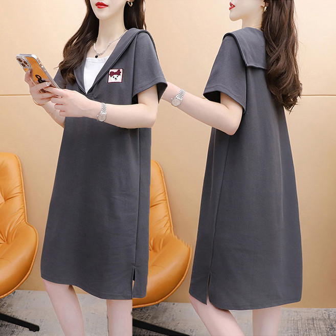 패션 빅사이즈 칼라넥 순면 가짜 투피스 반팔 원피스 시원한 일상적이 세련된 여성용 루즈핏 캐주얼 스커트