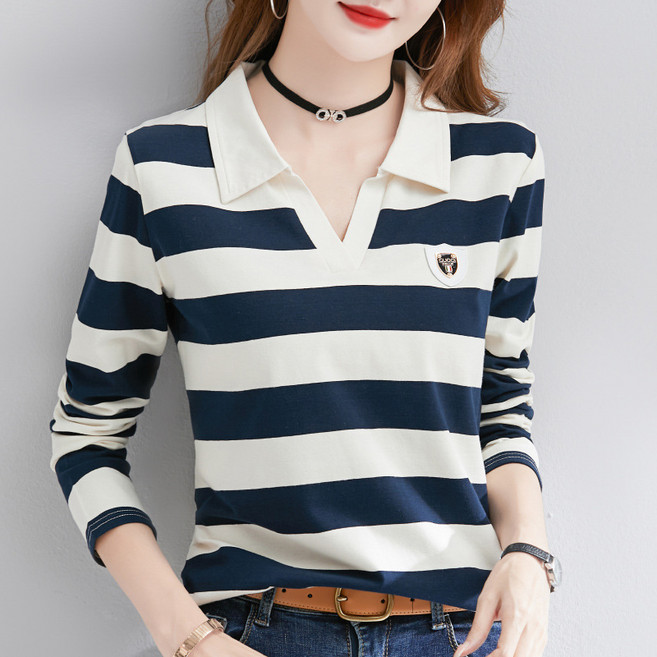 lofei 여성 카라 긴팔 티셔츠 스트라이프 베이직 TX01