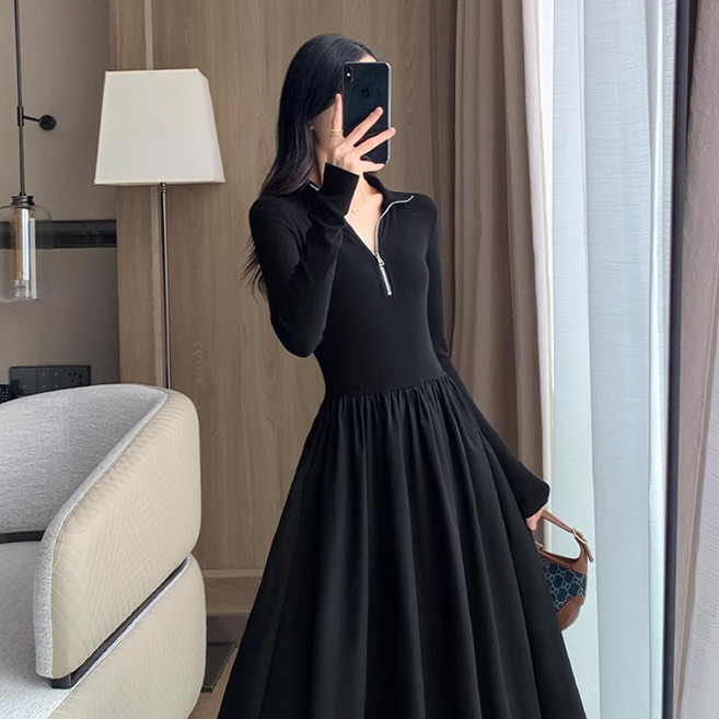 YAPOGI 여성 프렌치 원피스 긴팔 베이직 집업 높은 깃 데일리룩