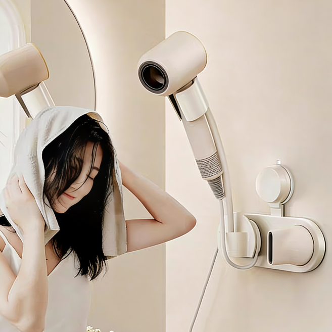 Mosashoe 드라이기 거치대 수납형 강력접착 무타공 헤어드라이기 거치대 각도조절 마그네틱 노즐 홀더, 베이지-자석형, 1개