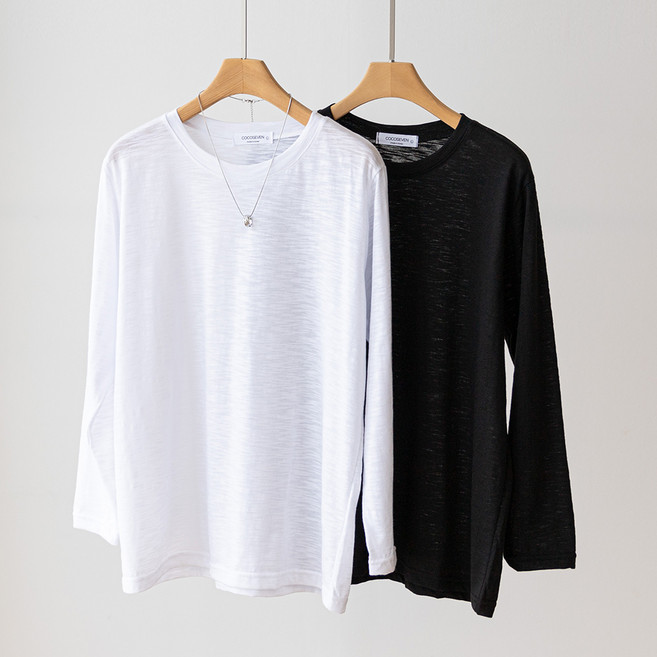 코코세븐 1+1 여성 빅사이즈 간절기 얇은 슬라브 시스루 라운드 박스 긴팔 티셔츠