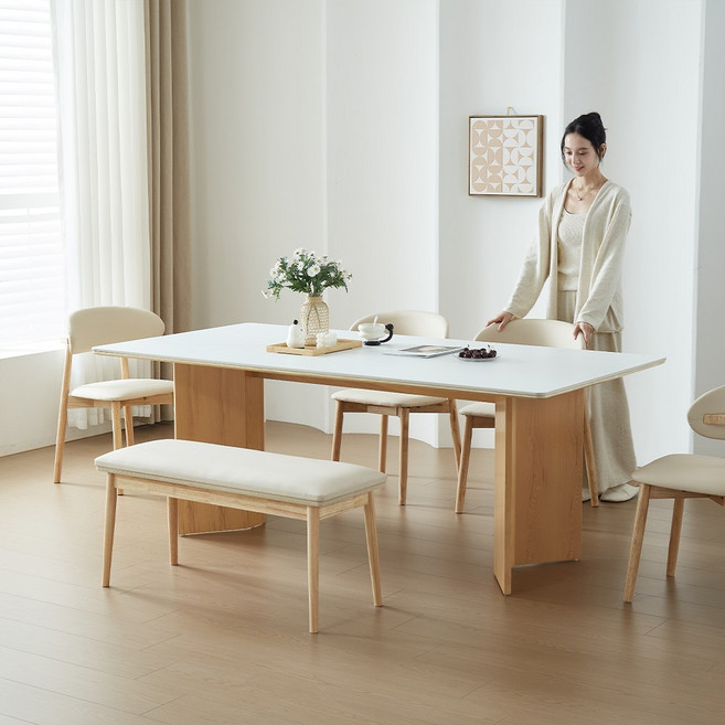아우스 DT12 애쉬 원목 포세린 세라믹 식탁 의자 세트 2인용 4인용 6인용 + 의자모델 DC08, 일반 2 + 벤치 1, 월넛 프레임 1600x800mm