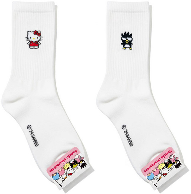 국내 생산 산리오 정품 라이센스 여성 중목 흰색 골지 중목 양말 세트