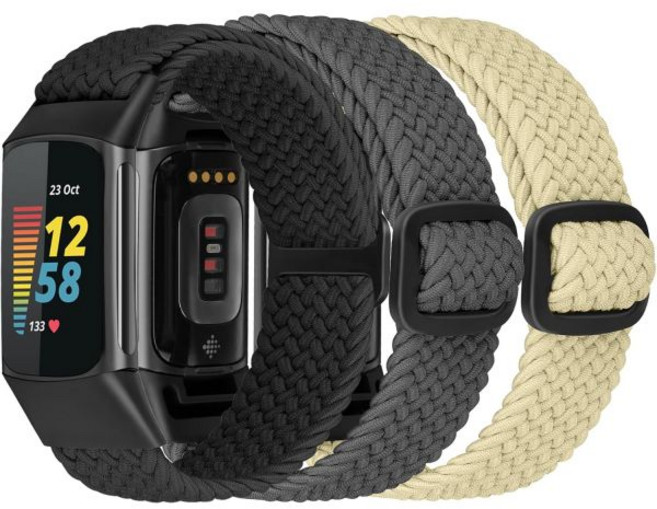 여성용 Fitbit Charge 5/Fitbit 6 호환 브레이디드 스트레치 솔로 루프 밴드 남성용 나일론 탄성 스트랩 5/Charge 6용 손목 밴드 (3개입), Black + Starlight + Charcoal G