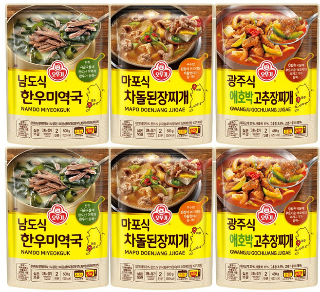 오뚜기 남도식 한우미역국+마포식 차돌된장찌개+광주식 애호박고추장찌개, 450g, 6개