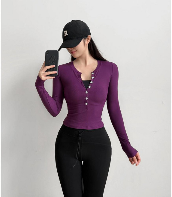 라이크라 긴팔 니트 요가 피트니스 의류 브이넥 슬리밍 필라테스 스포츠웨어 통기성 나일론, 1개, 1. 베리 퍼플 (텐셀 모달) / A. 라지