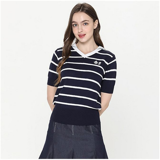 (여성)마린룩 스트라이프 세라카라 반팔 스웨터_HE2WSW001