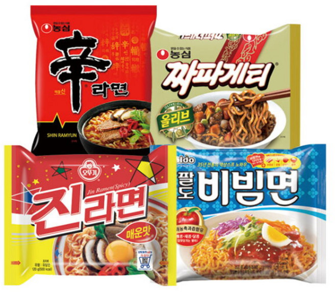 [블루존]오뚜기 농심 팔도 봉지라면 4종 세트 (신라면5P + 진라면매운맛5P + 짜파게티5P+ 팔도비빔면5P), 1세트