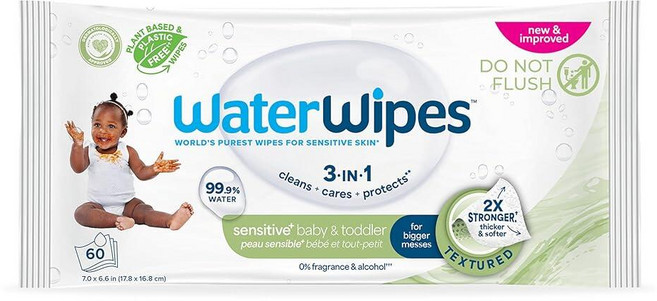 WaterWipes Sensitive+ 아기 및 유아용 물티슈 3-in-1 세척 관리 보호 99.9% 물 질감 있는 청소 무향 및 저자극성 60개(1팩)