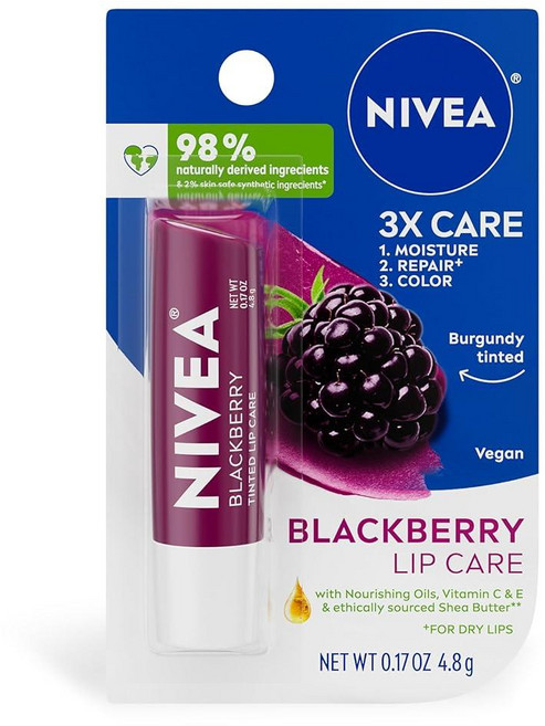 Nivea NIVEA 블랙베리 립 케어 시어 버터가 함유된 틴트 립밤 영양 오일 및 비타민 C E 3-in-1 수분 리페어 (건조한 입술용) 색상 4.8g(0.17온스