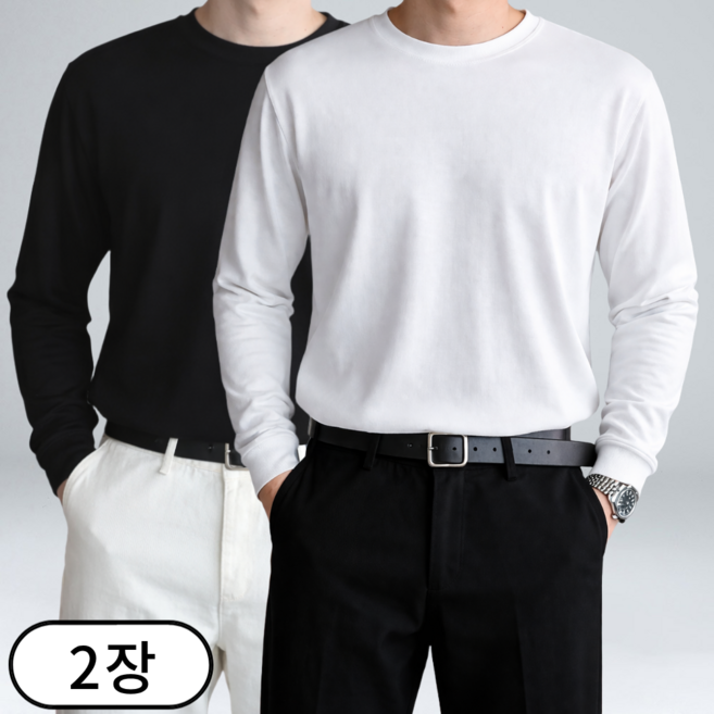 1+1 남성용 빅사이즈 오버핏 라운드 긴팔 니트 티셔츠 (6120-2)