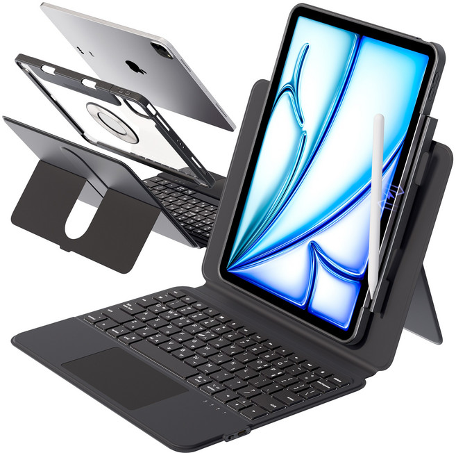 AITEWO 아이패드 키보드 케이스 매직 맥세이프 세로 가로 높이조절 펜슬수납 에어4/5/6/7/8세대 10.9/11인치 프로1/2/3/4세대 12.9/13 인치 A16/M4/M5, 블랙, 1개