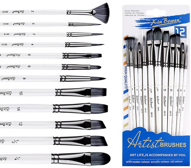 BVIEW STUDIO 전문가용 프리미엄 다용도 수채화 아크릴화 유화 화이트 브러쉬 12종 세트, 1세트