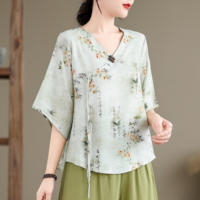 民國風茶服新中式改良漢服旗袍印花上衣