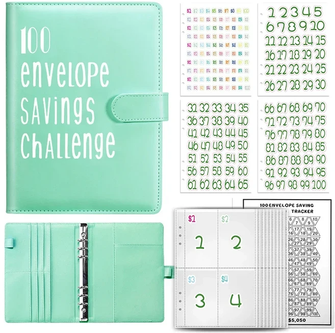100 봉투 챌린지 바인더 저축 루스리프 예산 현금 포함 돈 정리 시스템, 14 Lake blue Set B