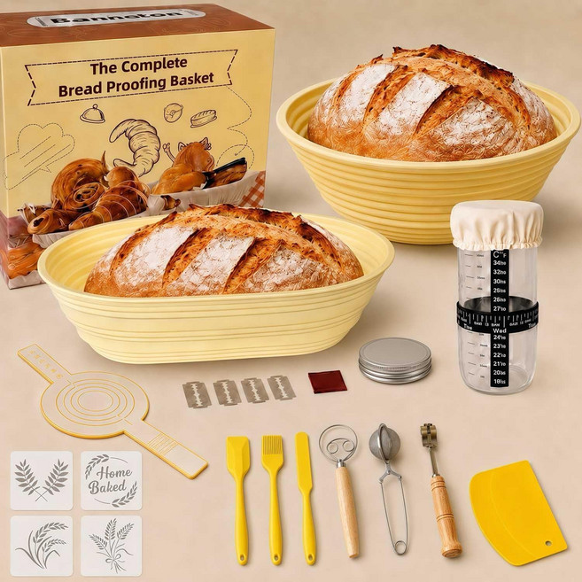 사워도우 스타터 키트 배네톤 켓이 포함된 20PCS 빵 베이킹 용품 원형 9개 및 타원형 실리콘 프로 볼 0개 피딩 병 부스러기 퍼 레임 블드 스텐실, 1세트