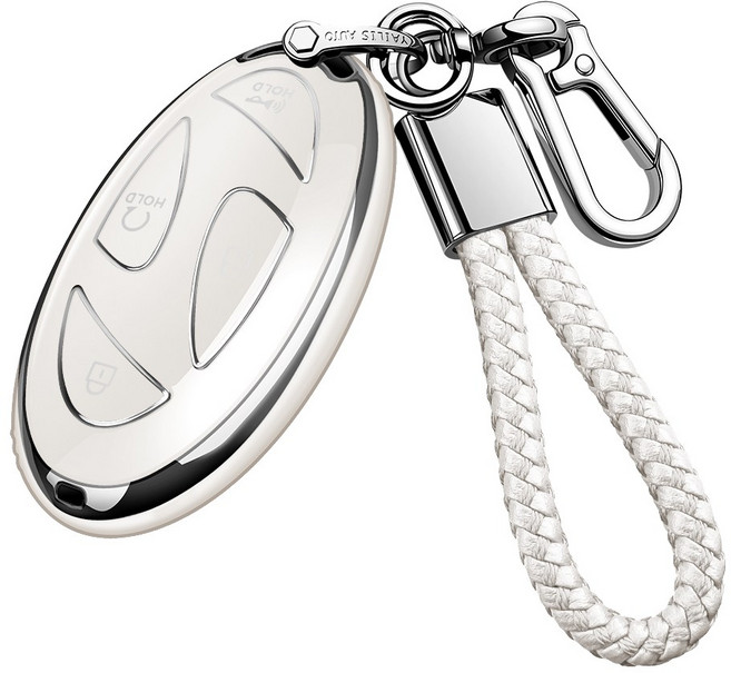 MODACE 2023-2025현대 차키 케이스+스트랩 메탈 키링 열쇠고리(5버튼/7버튼)TPU 소프트젤 보호 케이스, 5버튼-실버 화이트