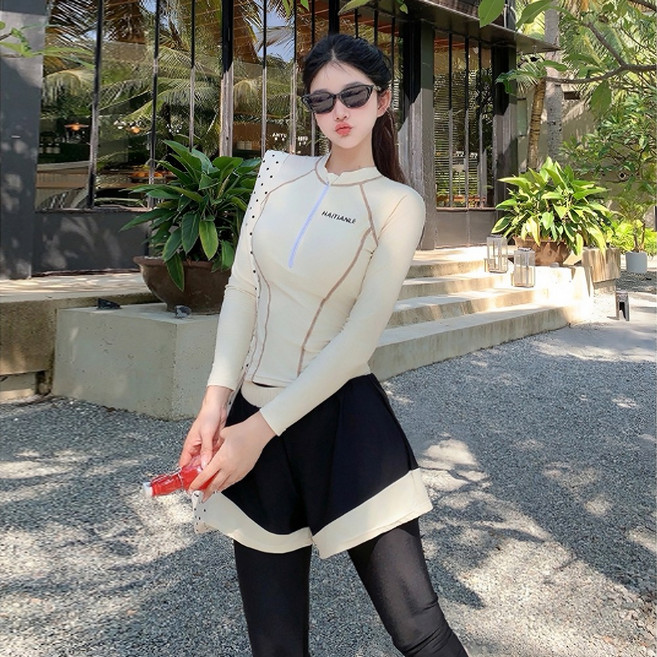 핫핀 바닐라 여성 래쉬가드 수영복 3종 세트, 아이보리