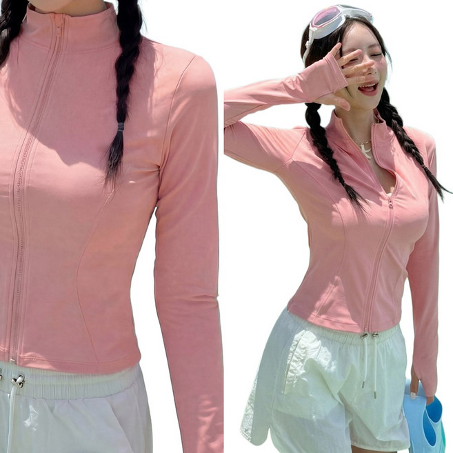 5컬러+3사이즈 UPF50+ 스토미 래쉬가드 슬림핏 하이넥 집업 긴팔 여행 여름 여성 여자 상의 비치웨어 스윔웨어, 핑크