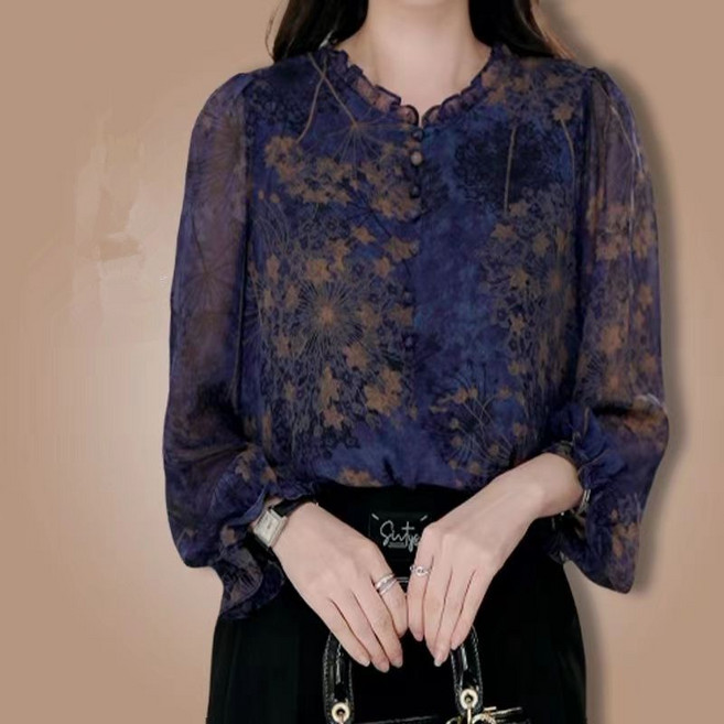 중년 여성 긴팔 블라우스 캐주얼 봄 가을 풀오버 상의 루즈핏 빈티지 쉬폰 셔츠 긴팔티 WXY