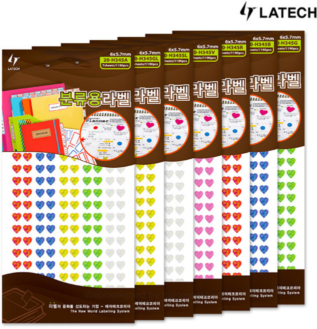 [오늘출고] 레이테크 홀로그램라벨 20-H345 7종 하트스티커/견출지/홀로그램스티커/칭찬스티커/라벨지/반짝이스티커, 20-H345A 5색혼합 1봉