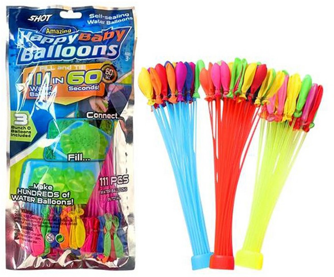 HappyBaby Balloons 灌水球神器 快速注水自封水球 免打結設計 玩水派對必備 111顆多色組, 灌水球神器3束（共111顆/包）, Multi-color