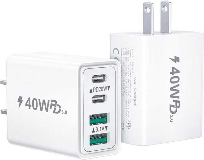[2팩] USB C 충전기 블록 40W 월 플러스 고속 충전 큐브 4포트 듀얼 PD+QC 벽 플러그 고속 충전 블록 아이폰 15/14/13/12/11/프로 맥스/XS/XR/, [2팩] USB C 충전기 블록, 40W 월 플러스 고