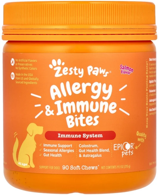 Zesty Paws Allergy & Immune Bites 반려견용 모든 연령 연어 소프트츄 90개 315g(11.1oz) Paws (제스티 포즈), 1개 - 쿠팡