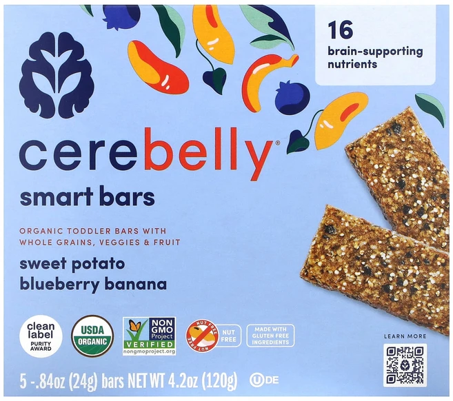 Cerebelly Smart Bars 유기농 토들러 바 고구마 블루베리 바나나 바 5개 각 24g(0.84oz), CerebellySmartBars유기농토들러바고구마블루, 1개 - 쿠팡