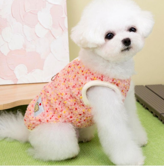 이쁘다귀엽다 강아지 겨울옷 패딩조끼 하네스일체형 꽃무늬 할머니조끼 따뜻한 방한 산책복 대형견옷, 1개, 핑크