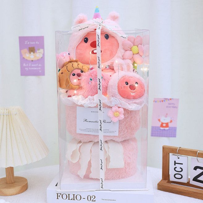 毛絨卡通玩偶花束 可愛小海狸娃娃公仔 生日禮物, loopy獨角獸透明盒, 1個