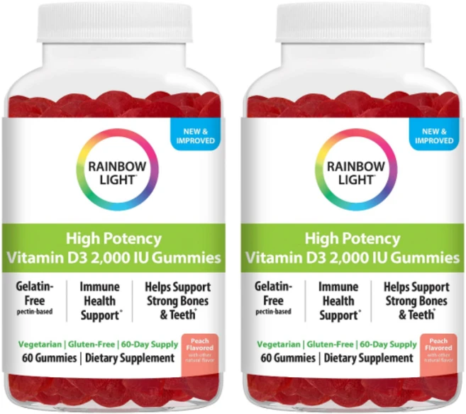 Rainbow Light 하이 포텐시 비타민 D3 2000 IU 구미 피치 맛 60 구미 2 SET, 2개, 60정 - 쿠팡