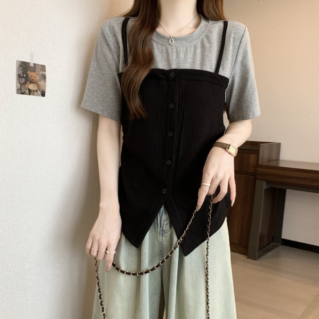 SAHINER 여성 반팔 티셔츠 니트 뷔스티에 레이어드 봄여름 데일리 BTX69