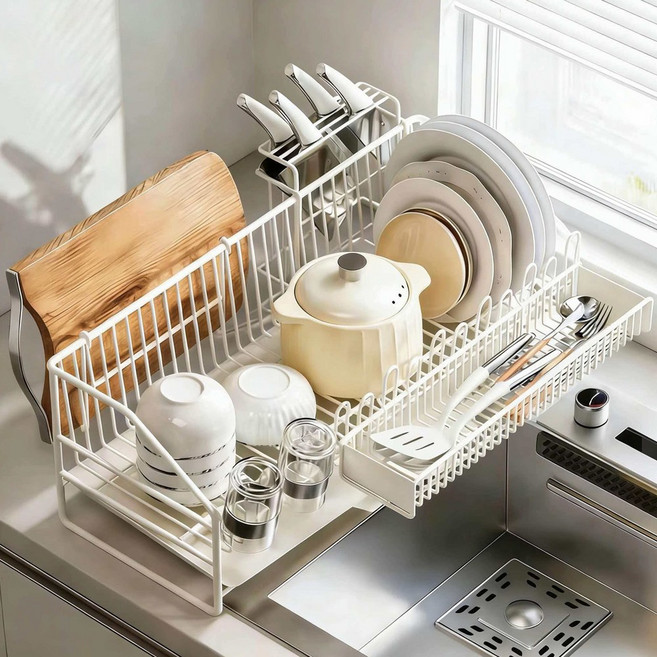 Nordlux 씽크대 식기 건조대 세트 자동 물빠짐, 1세트, 화이트, 1단