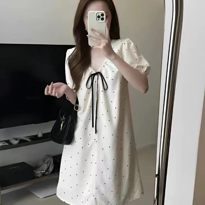 特惠新品 日系原單系帶收腰顯瘦文藝波點亞麻中長裙 大尺碼, 棉麻連衣裙,XL 建議125-140斤