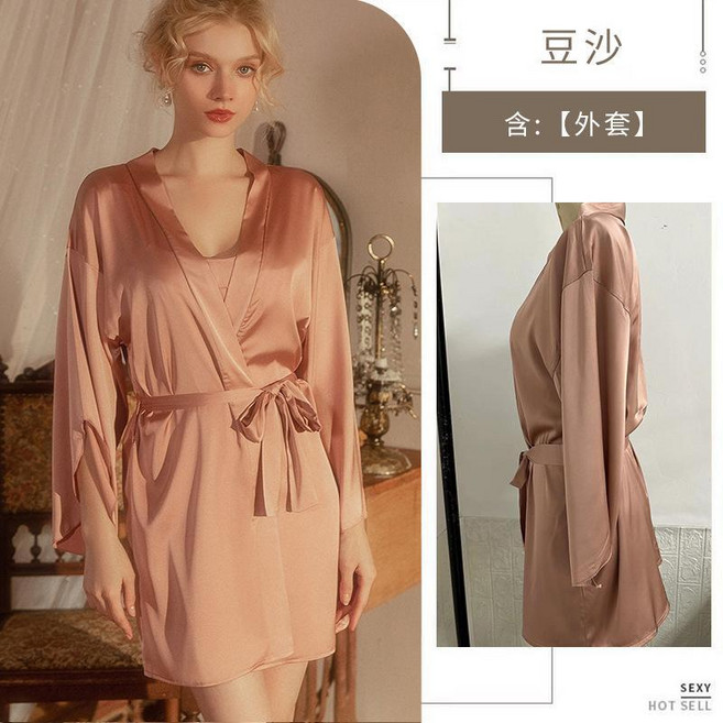 【洁白】四季款仿真絲高級感居家睡袍冰感絲滑純色晨袍外穿睡袍1710【AL】