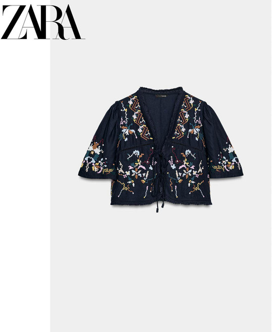 ZARA 자라 2026 봄여름 여성복 브이넥 루즈핏 반팔 플라워 자수 하프 상의 5770023 407