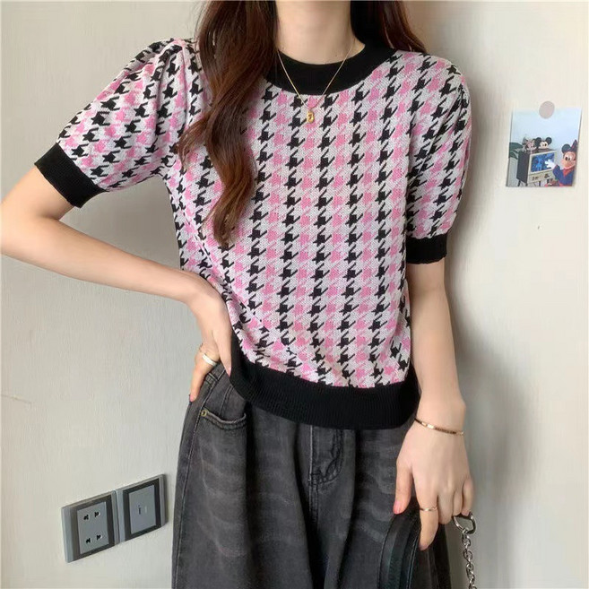 Houndstooth Bubble Sleeve 니트 셔츠 여성용 여름 디자인 센스 작은 새 짧은 소매 재킷 여성용 짧은 스키니 조커