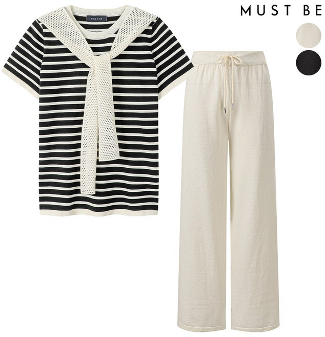 머스트비 여성 스트라이프 숄니트 밴딩팬츠 셋업